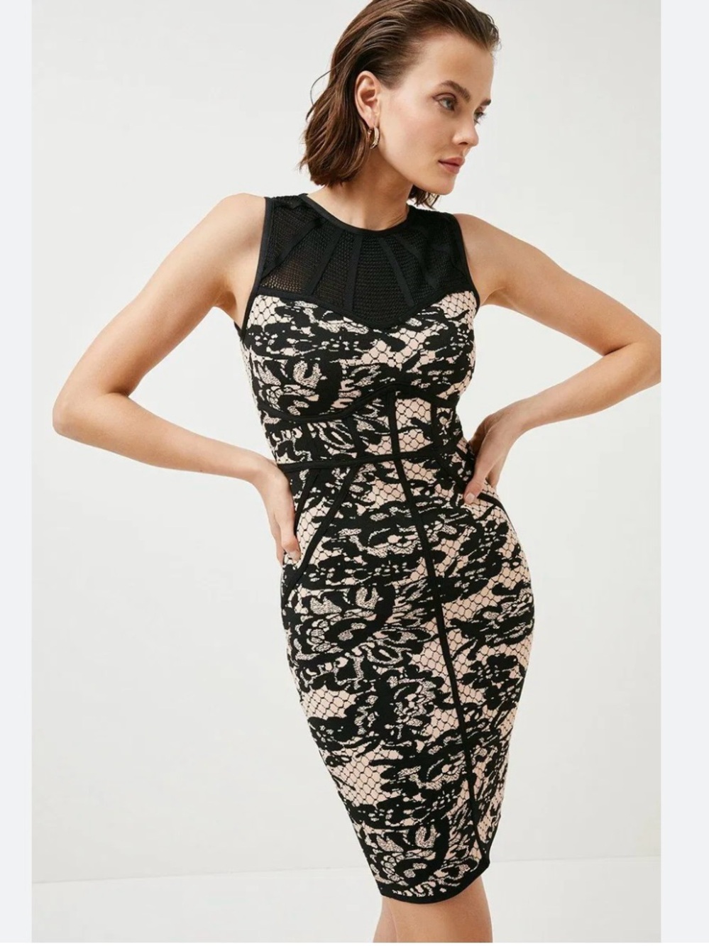 Karen Millen Black Lace-Overlay Midi Dress with Nude Underlay